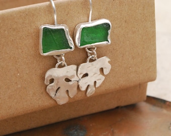 Sterling silver montera earrings. Green sea glass earrings. beach inspired jewelry. Handmade plant earrings. Sea glass jewelry.