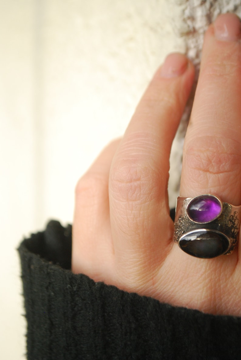 Oversized amethyst ring .BOld modernist ring, silversmith statement jewelry. Artisan silver chunky ring. image 8