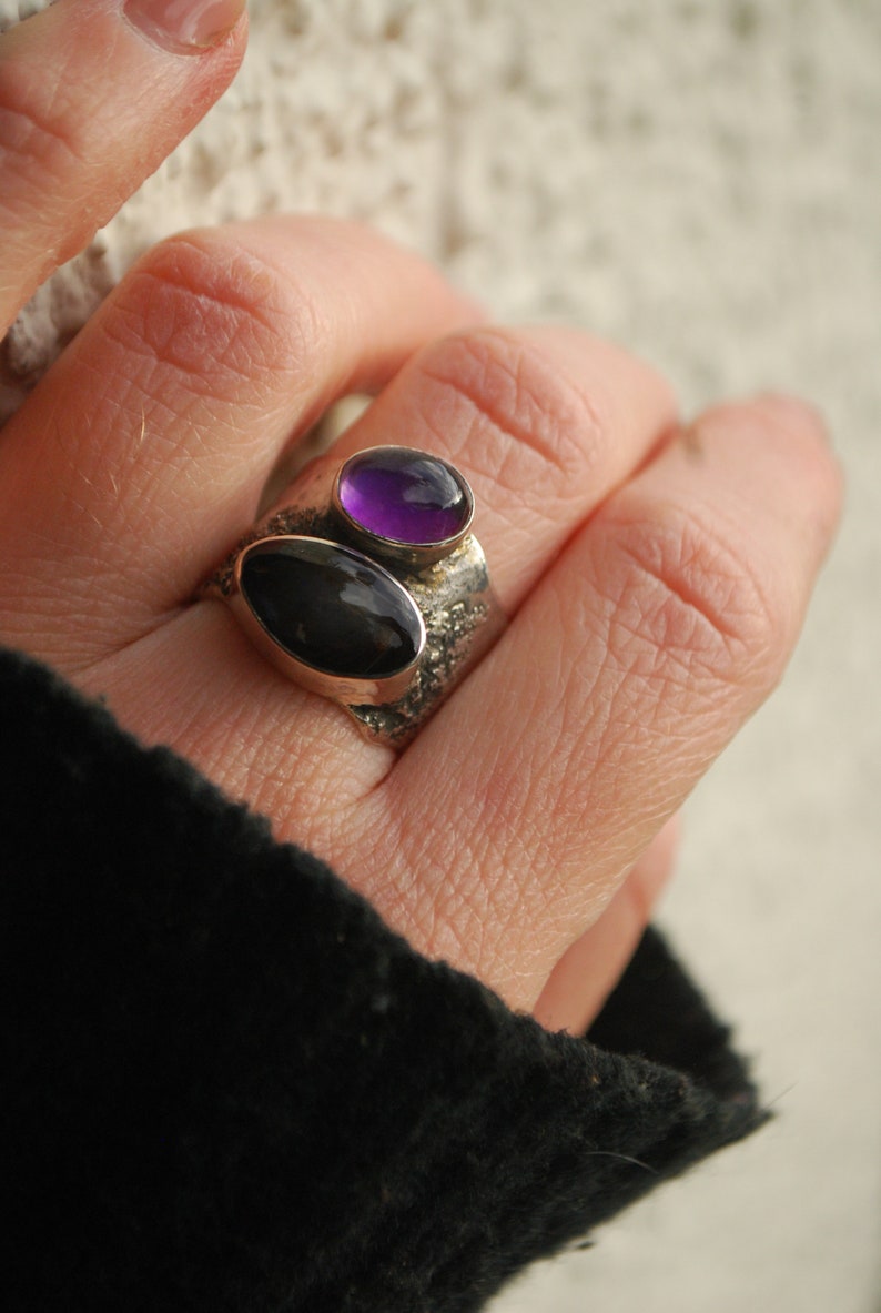 Oversized amethyst ring .BOld modernist ring, silversmith statement jewelry. Artisan silver chunky ring. image 6