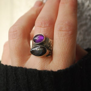 Oversized amethyst ring .BOld modernist ring, silversmith statement jewelry. Artisan silver chunky ring. image 9