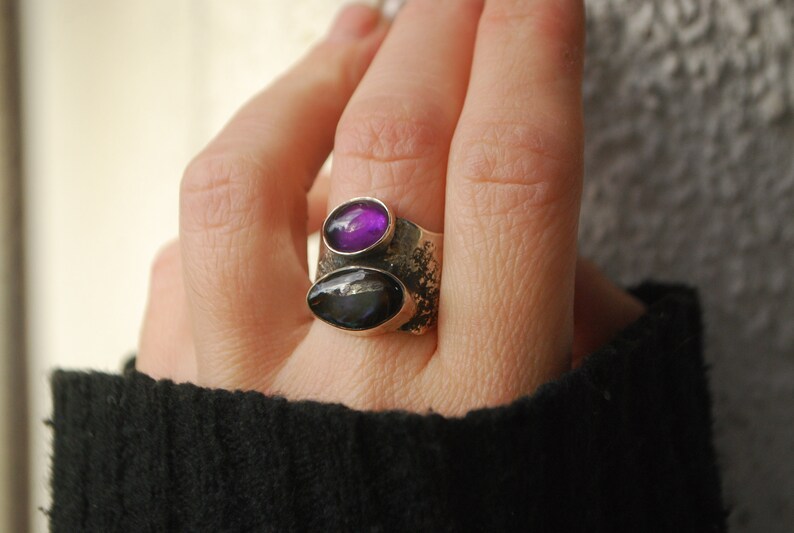 Oversized amethyst ring .BOld modernist ring, silversmith statement jewelry. Artisan silver chunky ring. image 9