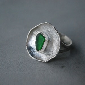 Green sea glass ring, silver cup ring. Modernist ring oversized. image 3