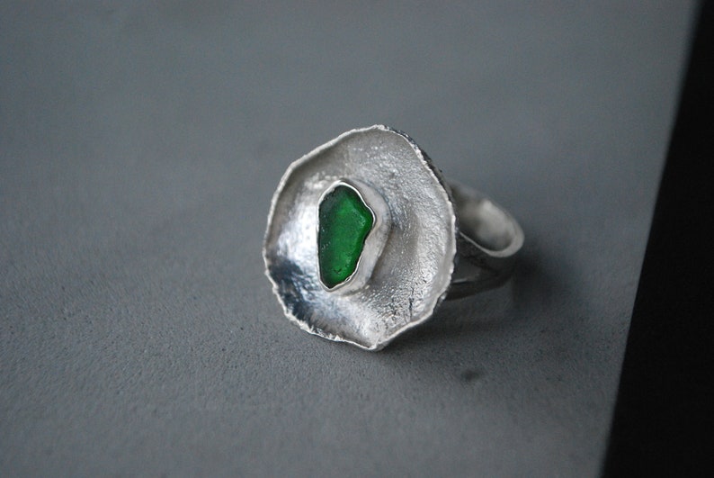 Green sea glass ring, silver cup ring. Modernist ring oversized. image 3