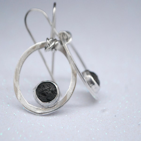 Handmade silver orbital earrings. Lava stone jewelry.