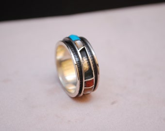 Mosaic ring silver Spinner ring, multi stone fidget ring, birthday gift for man.