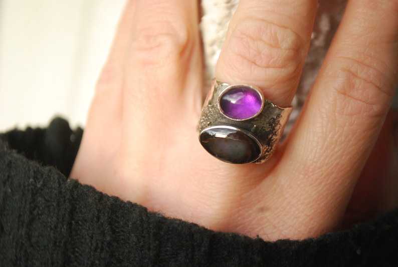 Oversized amethyst ring .BOld modernist ring, silversmith statement jewelry. Artisan silver chunky ring. image 1