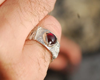 Silver mens pinky ring. Garnet wide band ring with Textured mens mens pinky ring silver birthday gift.