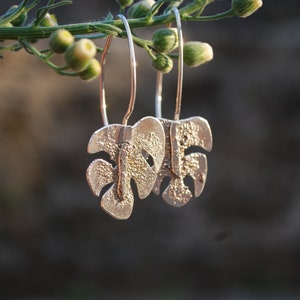 Handmade silver monstera earrings, tropical jewelry silversmith vacation earrings sterling silver. image 4