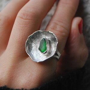 Green sea glass ring, silver cup ring. Modernist ring oversized. image 1