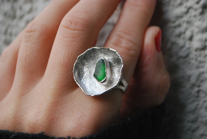 Green sea glass ring, silver cup ring. Modernist ring oversized. image 1