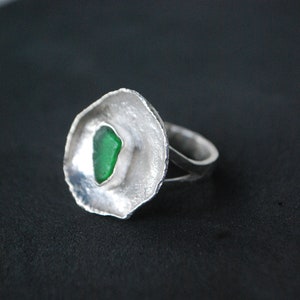 Green sea glass ring, silver cup ring. Modernist ring oversized. image 6