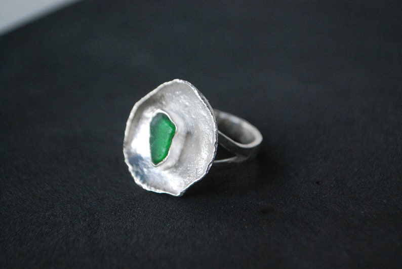 Green sea glass ring, silver cup ring. Modernist ring oversized. image 6