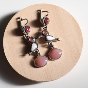 Handmade Sterling Silver Bird Earrings, Tourmaline & Mother of Pearl Dangle