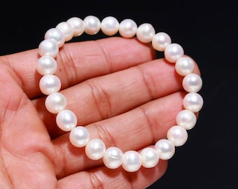 Bracciale di perle d'acqua dolce naturali, perle rotonde di pietre preziose bianche, stile boho