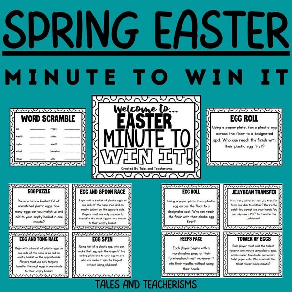 Easter Minute To Win It Challenges - Task Cards and Display for Holiday Parties and Activities