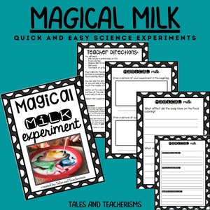 May include: A printable worksheet for a science experiment called "Magical Milk". The worksheet includes instructions for the experiment, a space to draw a picture of the experiment, and questions about the results. The worksheet is decorated with a black and white polka dot pattern.
