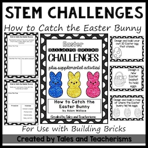 May include: A printable worksheet for STEM challenges using building bricks. The worksheet features an Easter bunny theme with activities like designing a trap to catch the bunny, building a 3D Easter egg, and creating a map of where the bunny hid its eggs.