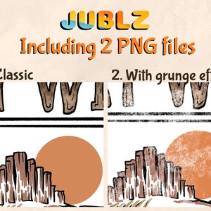 May include: Two digital illustrations of a stylised sunset scene with a row of brown, wooden-looking buildings in front of a large orange sun. The first image is a classic style. The second image has a grunge effect.
