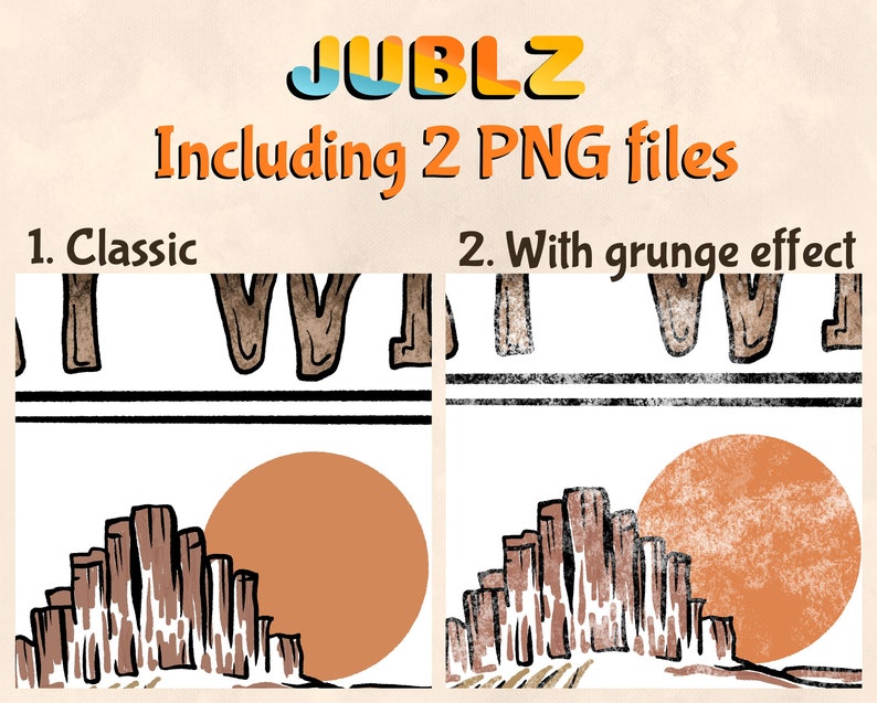 May include: Two digital illustrations of a stylised sunset scene with a row of brown, wooden-looking buildings in front of a large orange sun. The first image is a classic style. The second image has a grunge effect.