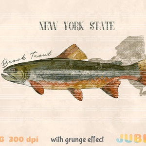 Pescado del estado de Nueva York png, arte de Nueva York, naturaleza al aire libre png, png vintage, impresión de arte, decoración de la pared de pescado, png de pescado, regalo para papá, trucha de arroyo