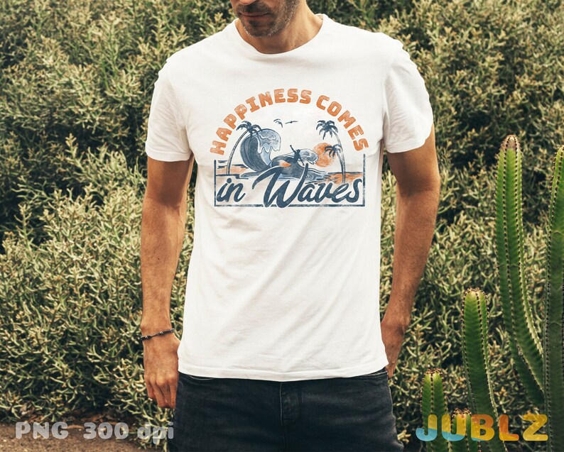 May include: White t-shirt with a graphic print of palm trees, waves, and the text "Happiness Comes in Waves".
