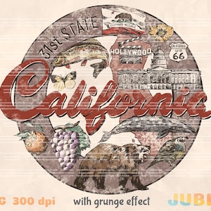 Californië staat png, Californië retro png, Californië symbolen ontwerp, DTG, staten clipart, Californië clipart, commercieel gebruik