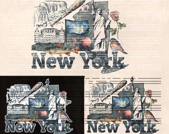 New York State Symbols PNG: Retro Grunge Sublimation Design