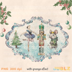 May include: A vintage-style illustration of a ballerina, a nutcracker, and a mouse in a blue and white frame with a Christmas tree. The image has a grunge effect.