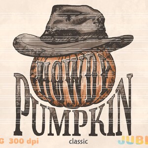 May include: A brown pumpkin with a black and white "Harvest Pumpkin" text overlay. The pumpkin is wearing a brown cowboy hat.