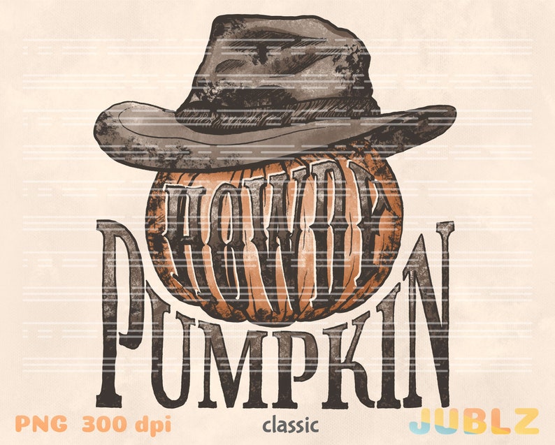 May include: A brown pumpkin with a black and white "Harvest Pumpkin" text overlay. The pumpkin is wearing a brown cowboy hat.