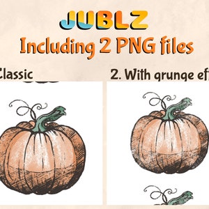 Puede incluir: Dos ilustraciones de una calabaza, una con efecto grunge. La calabaza es naranja con un tallo verde y l&iacute;neas marrones. El efecto grunge a&ntilde;ade un aspecto texturizado a la calabaza.