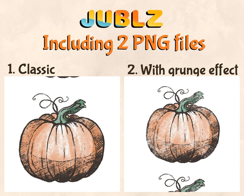 Puede incluir: Dos ilustraciones de una calabaza, una con efecto grunge. La calabaza es naranja con un tallo verde y l&iacute;neas marrones. El efecto grunge a&ntilde;ade un aspecto texturizado a la calabaza.