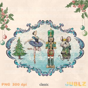 May include: A vintage-style illustration of a ballerina, a nutcracker soldier, and a mouse in a blue and purple ornate frame. The ballerina is wearing a blue and white tutu and the nutcracker is holding a drum. The mouse is wearing a green jacket and a crown.