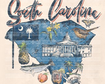 May include: A vintage-style illustration of the state of South Carolina with a grunge effect. The illustration includes a pineapple, a fish, a peach, a glass of iced tea, a crab, a butterfly, a bird, a flower, and the state capitol building. The state flag is also included in the illustration. The text "South Carolina" is written in a stylized font at the top of the illustration. The text "PNG 300 dpi with grunge effect JUBLZ" is written at the bottom of the illustration.