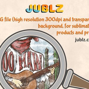 May include: A digital illustration of a cartoon cowboy playing a guitar with the words "00 KAW" on his shirt. The image is in a vintage style with a grunge effect.