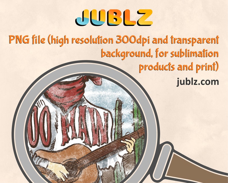 May include: A digital illustration of a cartoon cowboy playing a guitar with the words "00 KAW" on his shirt. The image is in a vintage style with a grunge effect.