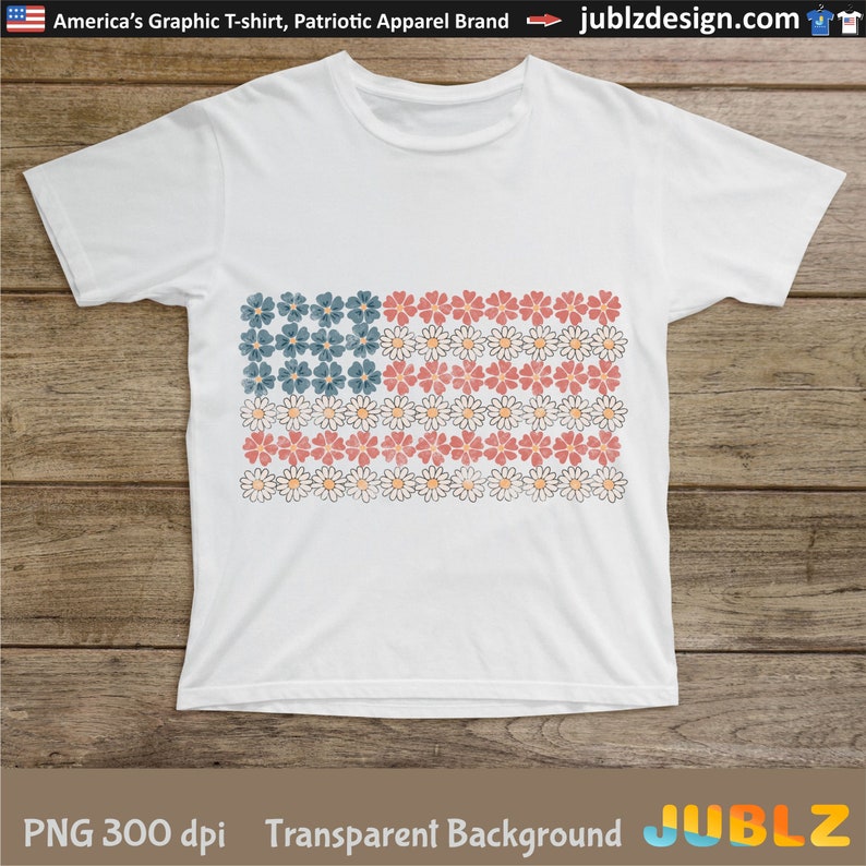 May include: A white t-shirt with a graphic of an American flag made of flowers. The flowers are red, white, and blue. The background is transparent.