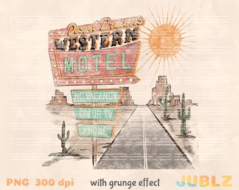 Puede incluir: Un cartel de motel de estilo vintage con el texto "Desert Dreams Western Motel" en letras rojas y amarillas. El cartel tiene un efecto grunge y está situado en un paisaje desértico con cactus y una carretera.