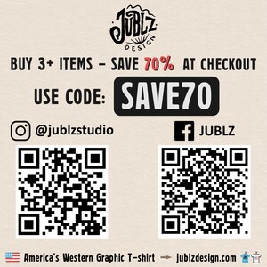 May include: A graphic design company called Jublz Design is offering a 70% discount on orders of 3 or more items. The discount code is SAVE70. The image also includes QR codes for the company's social media pages, Instagram and Facebook.