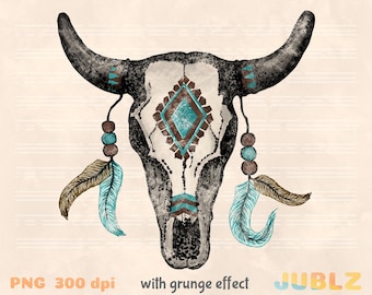Turquoise Steer Skull PNG: Rustic Boho Clipart, Sublimation Design