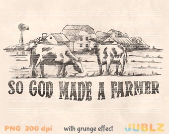 May include: A black and white sketch of a farm scene with two cows, a windmill, and farmhouses. The text "So God Made A Farmer" is written below the image.