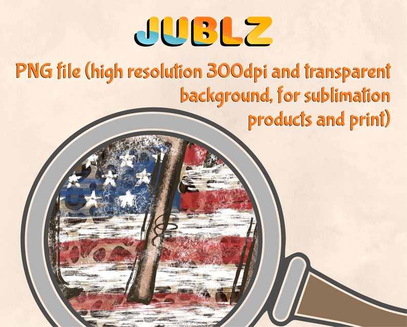 May include: A digital illustration of an American flag with a distressed, vintage look. The flag is layered over a woodgrain background with a leopard print pattern. The image is in a magnifying glass.