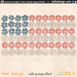 May include: A digital illustration of the American flag, made up of red, white, and blue flowers. The flag has a grunge effect. The text "jublzdesign.com" is at the top of the image.