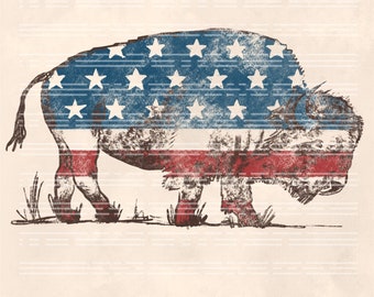 Patriotic Buffalo PNG: Vintage Western Sublimation Design (Digital Download)