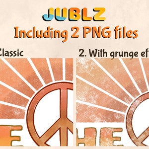 May include: Two digital illustrations of a peace sign with a sunburst behind it. The text "Make Peace" is at the bottom of the image. The first image is a classic style. The second image has a grunge effect.