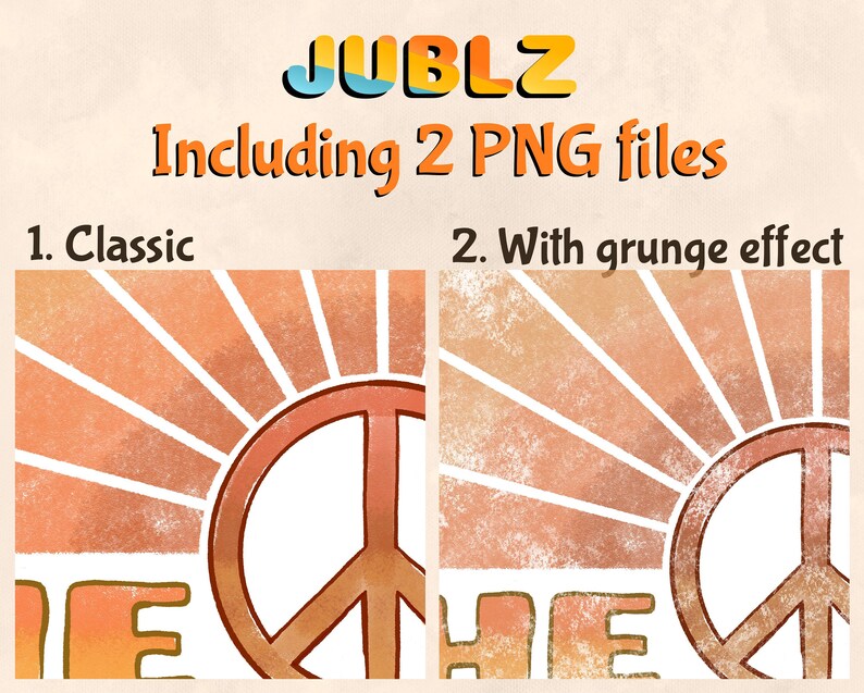 May include: Two digital illustrations of a peace sign with a sunburst behind it. The text "Make Peace" is at the bottom of the image. The first image is a classic style. The second image has a grunge effect.