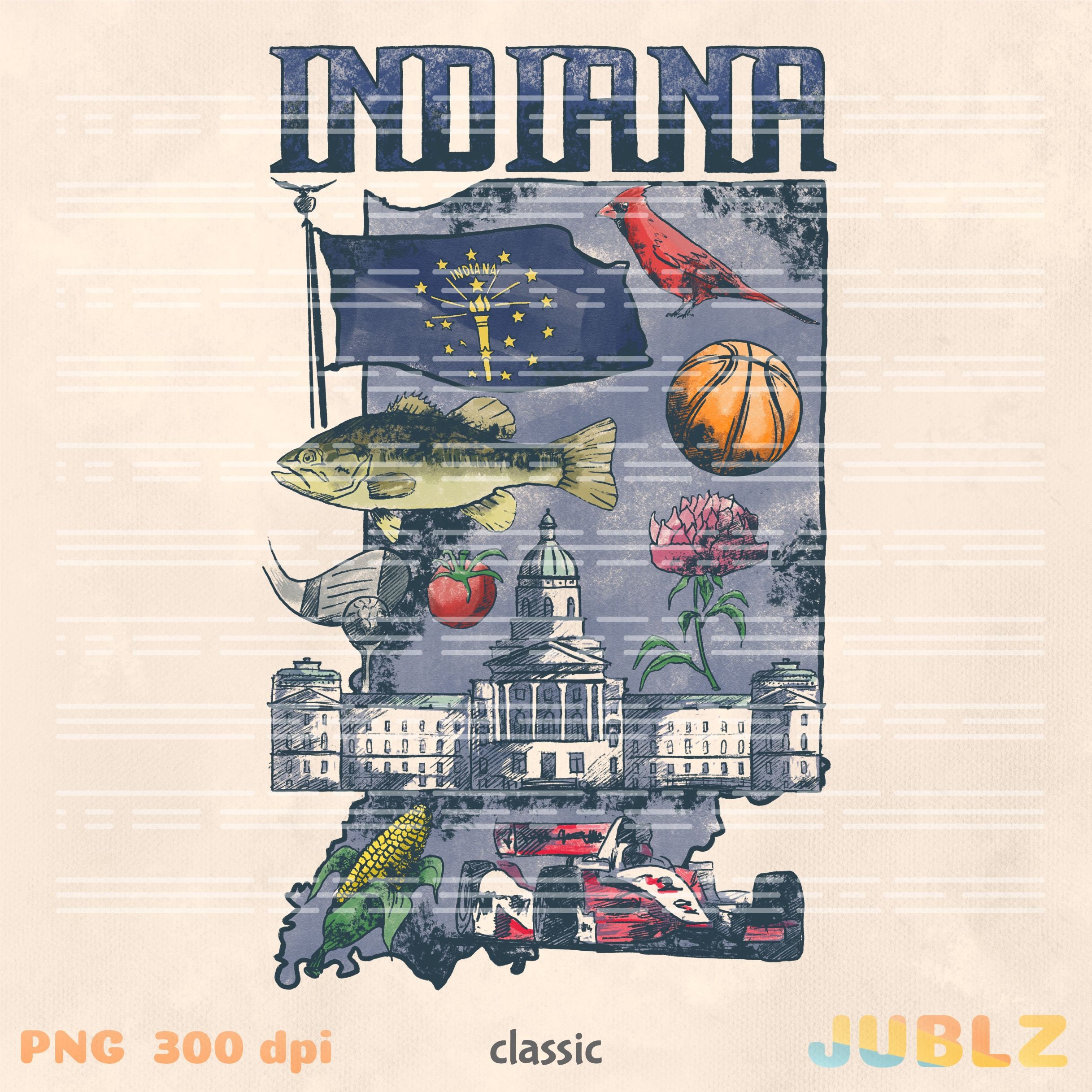 Retro Indiana State Symbols PNG: Grunge Style Design (digital Download ...
