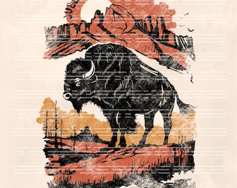 Western Bison Sunset Silhouette PNG: Boho Rodeo Sublimation (Digital Download)