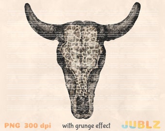 Leopard Print Cow Skull PNG: Retro Western Sublimation