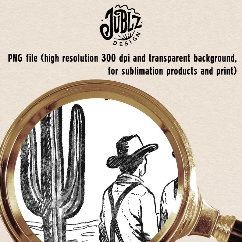 May include: Black and white illustration of two cowboys standing in front of a large cactus in the desert. The cowboys are wearing hats and are looking to the right. The cactus is tall and has many spines.